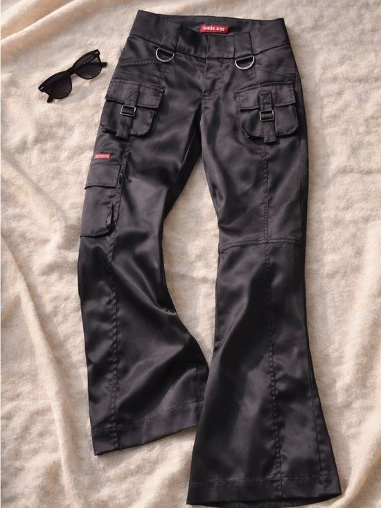 Guess Pants - Vintage Guess Satin Flare Cargo Pants Low Rise Black 28